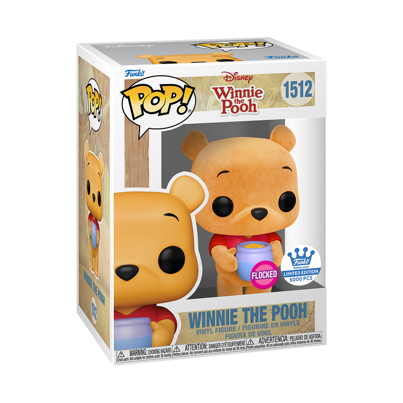 Flocked Funko Pop! Disney Winnie the Pooh holding a honey pot, exclusive figure from Shak's Pop Shop, detailed character design