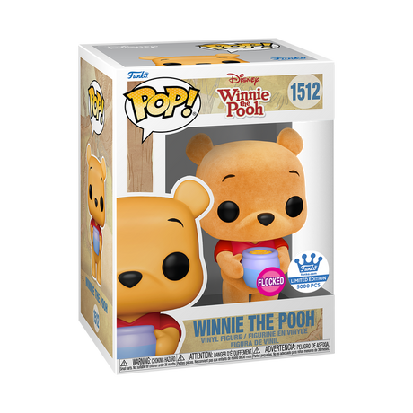 Flocked Funko Pop! Disney Winnie the Pooh holding a honey pot, exclusive figure from Shak's Pop Shop, detailed character design
