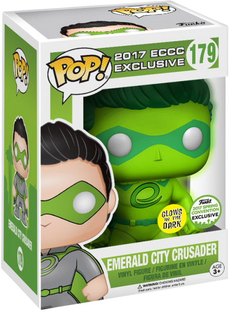Funko Pop! Emerald City Crusader glow figure with box imperfection, 2017 Spring Convention shared exclusive, from Shak's Pop Shop.