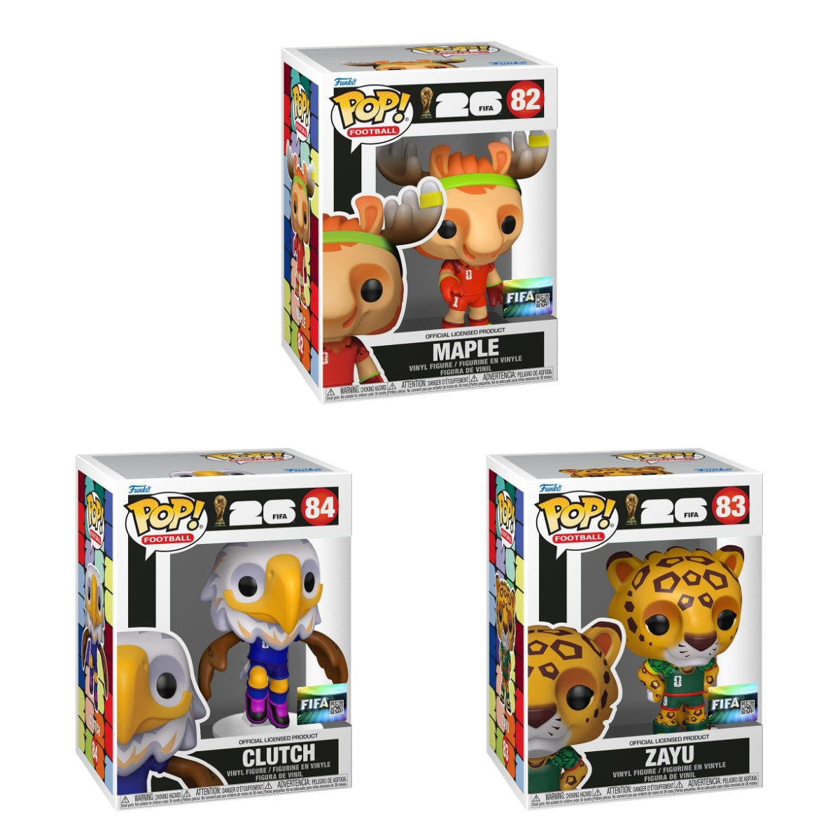 Three Funko Pop! football figures from the FIFA World Cup 2026 bundle, featuring colorful football-themed character designs.