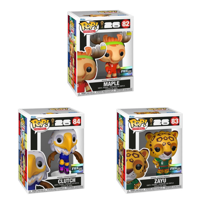 Three Funko Pop! football figures from the FIFA World Cup 2026 bundle, featuring colorful football-themed character designs.