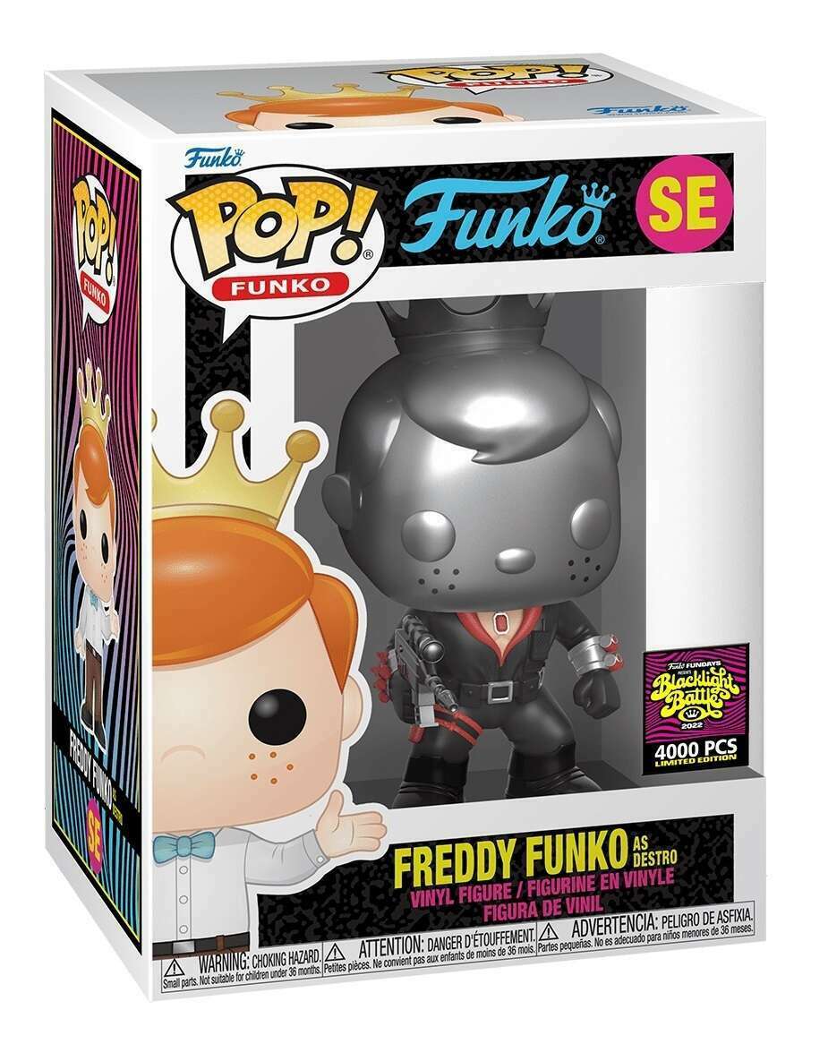 Funko Pop! Freddy Funko as Destro figure with blacklight design, exclusive LE 4,000, from 2022 Funday Blacklight Battle collection.