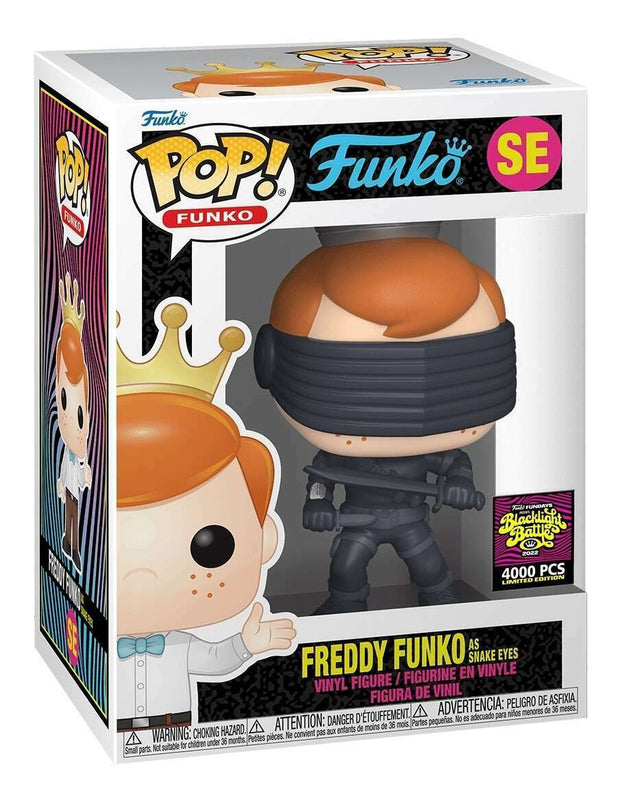 Funko Pop! Freddy Funko as Snake Eyes action figure, blacklight Battle Exclusive, limited edition 4,000, from 2022 Fundays event.