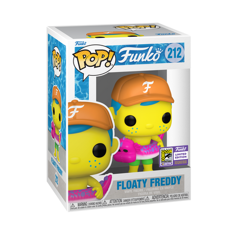 Funko Pop! Floaty Freddy Black Light figure with 2023 SDCC Con sticker, collectible vinyl toy from Shak's Pop Shop.