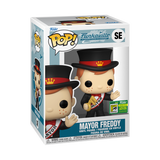 Funko Pop! Mayor Freddy figure from Funkoville with SDCC 2024 sticker, collectible vinyl toy by Shak's Pop Shop.