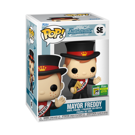 Funko Pop! Mayor Freddy figure from Funkoville with SDCC 2024 sticker, collectible vinyl toy by Shak's Pop Shop.