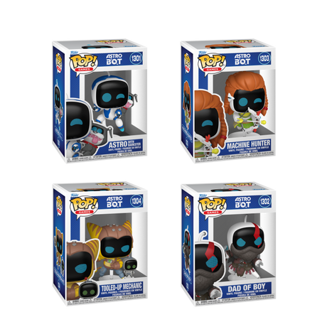 Four Funko Pop! Astro Bot figures from the Games collection, featuring colorful robot characters in a bundle display.