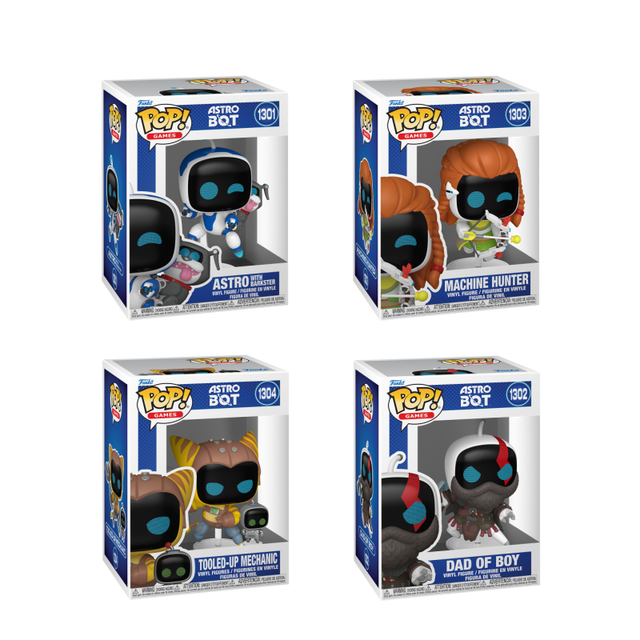 Four Funko Pop! Astro Bot figures from the Games collection, featuring colorful robot characters in a bundle display.