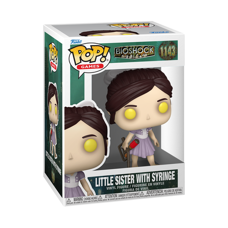 Funko Pop! figure of Little Sister from Bioshock holding a syringe, collectible toy by Shak's Pop Shop.