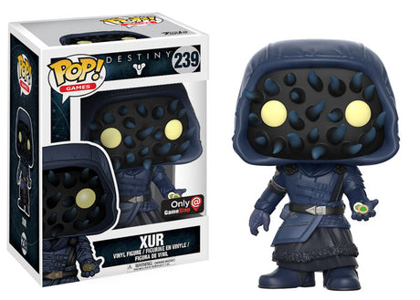 Funko Pop! Games Destiny Xur figure from Shak's Pop Shop, exclusive collectible toy in its box with minor imperfections visible.