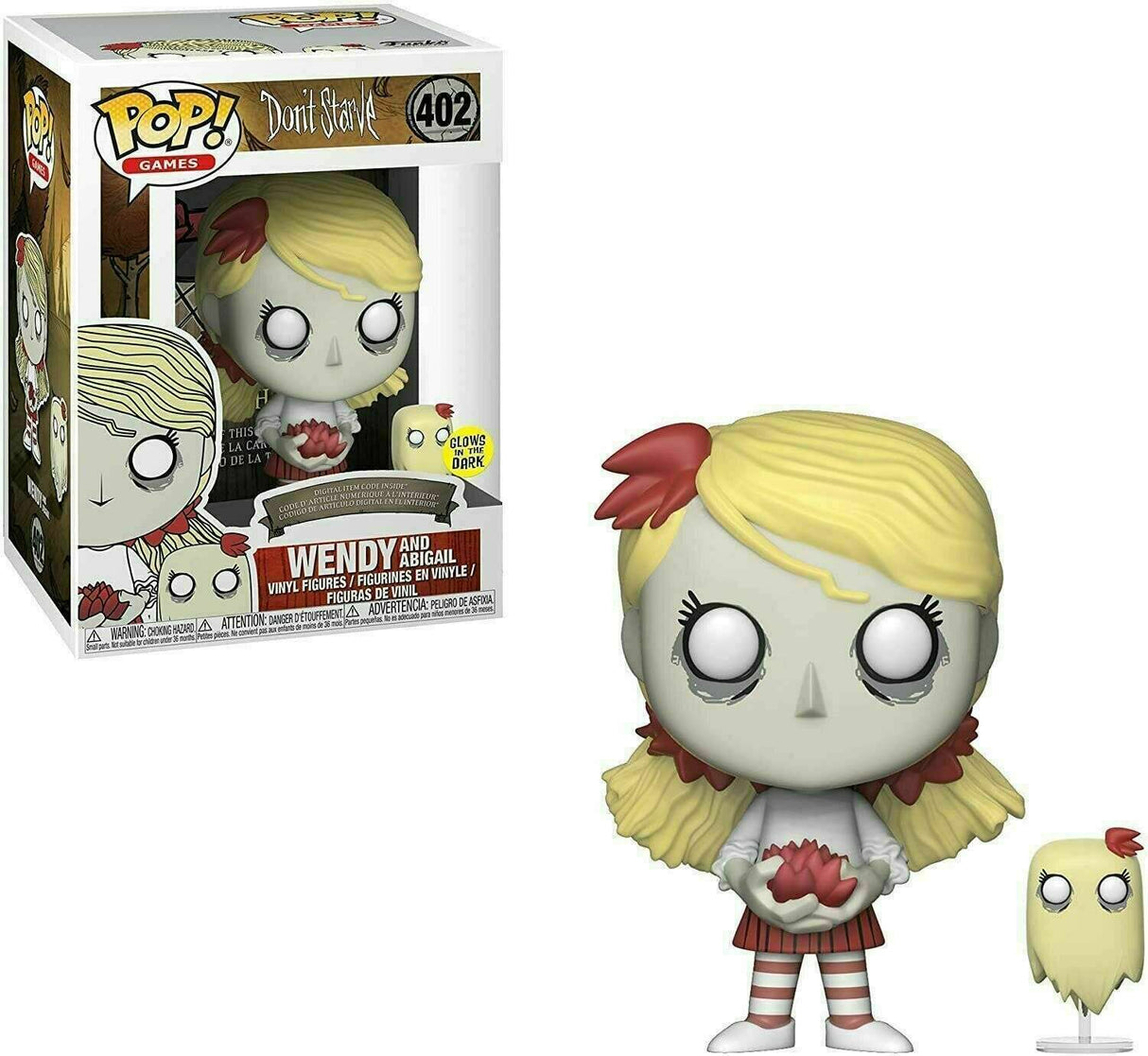 Funko Pop! Wendy and Abigail glow figure from Don't Starve game, featuring detailed characters in collectible vinyl form.