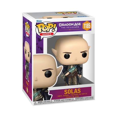 Funko Pop! figure of Solas from Dragon Age: The Veilguard, collectible toy by Shak's Pop Shop, with detailed character design.