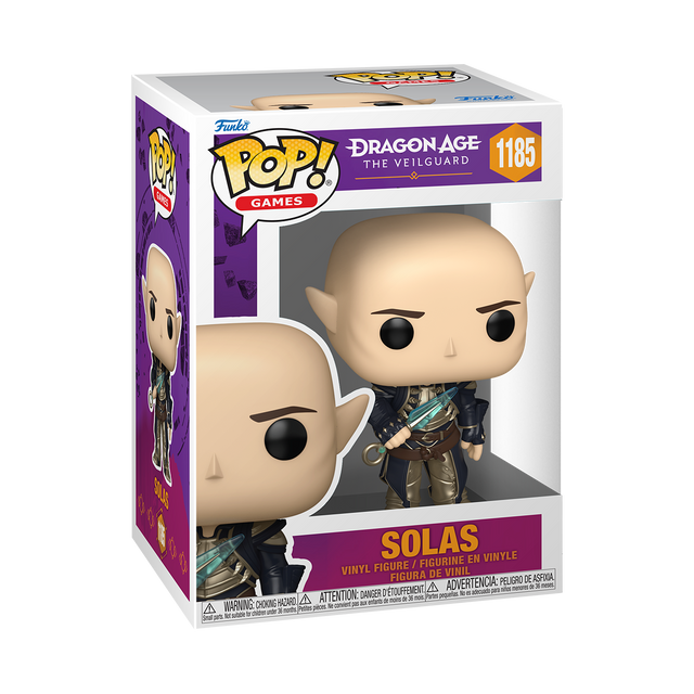 Funko Pop! figure of Solas from Dragon Age: The Veilguard, collectible toy by Shak's Pop Shop, with detailed character design.
