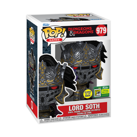 Funko Pop! Games Dungeons & Dragons Lord Soth glow figure with 2024 SDCC convention sticker, collectible vinyl toy.