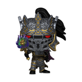 Funko Pop! Games Dungeons & Dragons Lord Soth figure with glow effect and SDCC 2024 convention sticker, displayed in a collectible pose.