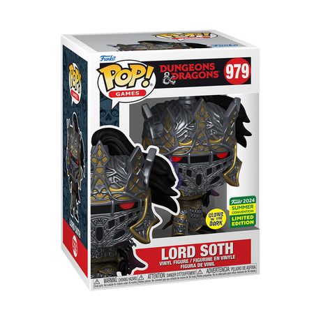 Funko Pop! Games Lord Soth glow figure from Dungeons & Dragons, 2024 SDCC shared exclusive, displayed in box with slight imperfection.