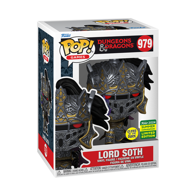 Funko Pop! Games Lord Soth glow figure from Dungeons & Dragons, 2024 SDCC shared exclusive, displayed in box with slight imperfection.