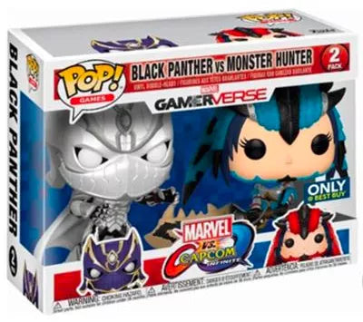Funko Pop! Marvel Gamerverse Black Panther and Monster Hunter 2-pack figures from Shak's Pop Shop, with visible box imperfection.