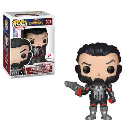 Funko Pop! Marvel's Contest of Champions Punisher 2099 figure, Walgreens exclusive, collectible toy with detailed design.