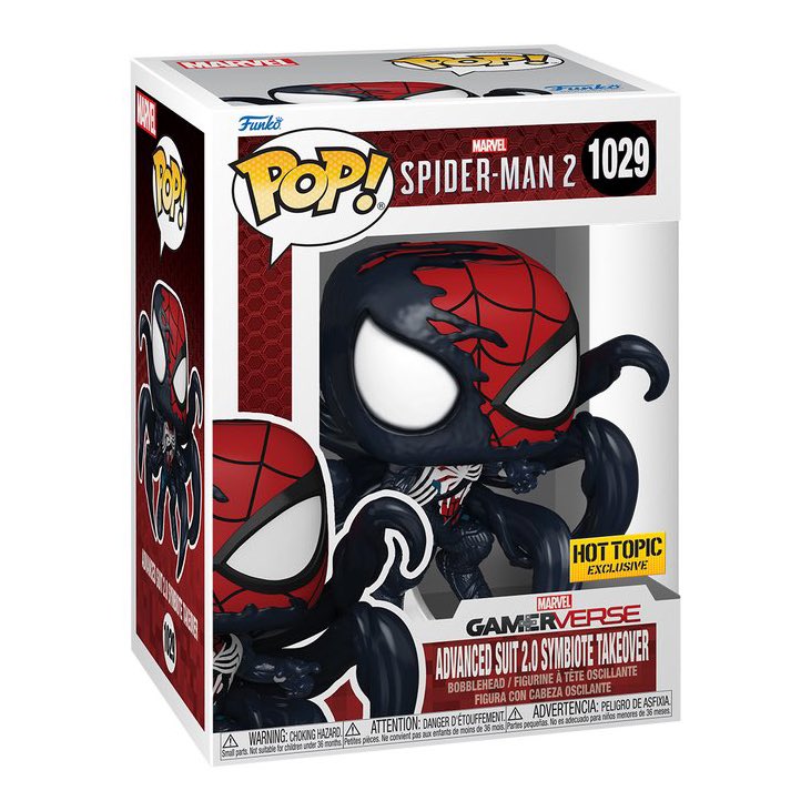 Funko Pop! figure of Marvel's Spider-Man 2 Advanced Suit 2.0 with Symbiote Takeover, exclusive from Hot Topic, by Shak's Pop Shop.