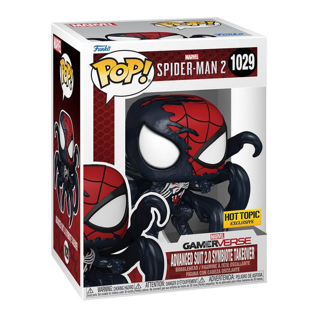 Funko Pop! figure of Marvel's Spider-Man 2 Advanced Suit 2.0 with Symbiote Takeover, exclusive from Hot Topic, by Shak's Pop Shop.