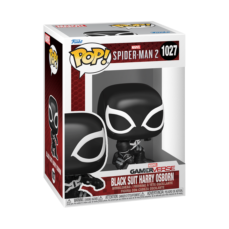 Funko Pop! Games Marvel's Spider-Man 2 Black Suit Harry Osborn figure with box imperfection, collectible toy from Shak's Pop Shop.