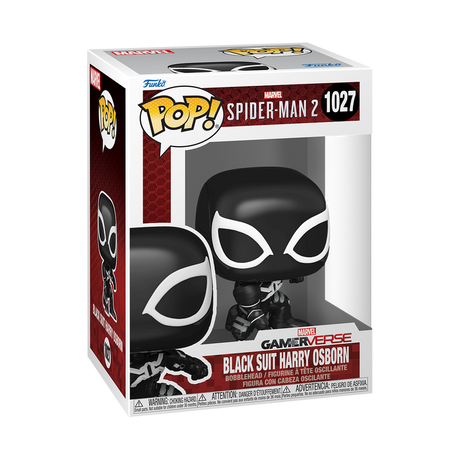 Funko Pop! Games Marvel's Spider-Man 2 Black Suit Harry Osborn figure with box imperfection, collectible toy from Shak's Pop Shop.