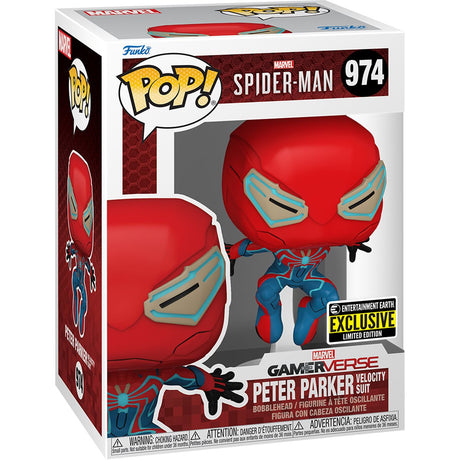 Funko Pop! Marvel's Spider-Man 2 Peter Parker in Velocity Suit figure, Entertainment Earth Exclusive, from Shak's Pop Shop.
