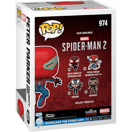 Funko Pop! Marvel's Spider-Man 2 Peter Parker in Velocity Suit collectible figure, Entertainment Earth exclusive, from Shak's Pop Shop