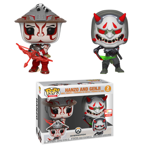 Funko Pop! Games Overwatch Hanzo and Genji 2-Pack figures, E3 exclusive collectible toys in original packaging.