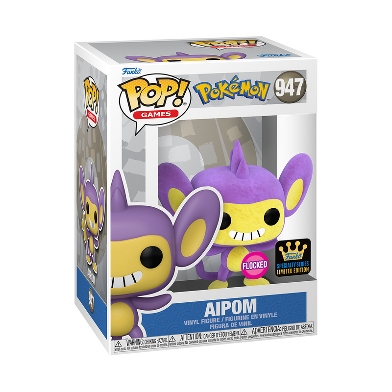 Flocked Funko Pop! Games Pokemon Aipom figure from the Specialty Series, featuring a plush, textured design and detailed character features.