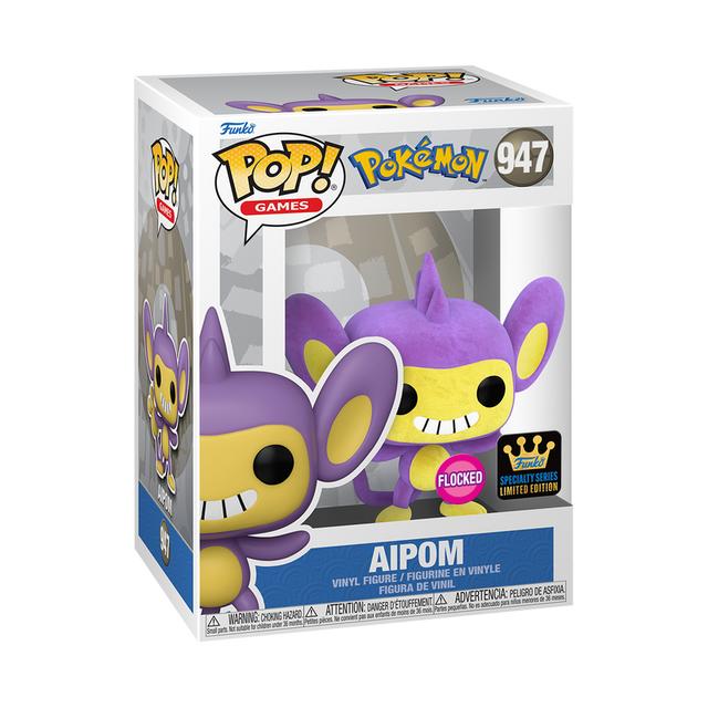 Flocked Funko Pop! Games Pokemon Aipom figure from the Specialty Series, featuring a plush, textured design and detailed character features.