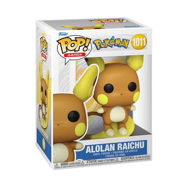 Funko Pop! Games: Pokemon Alolan Raichu vinyl figure with detailed design, standing upright with its tail curled.
