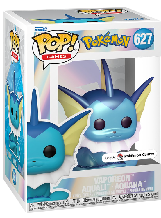 Funko Pop! Vaporeon Pearlescent figure from Pokémon Games, a Pokémon Center exclusive with detailed design and shiny finish.
