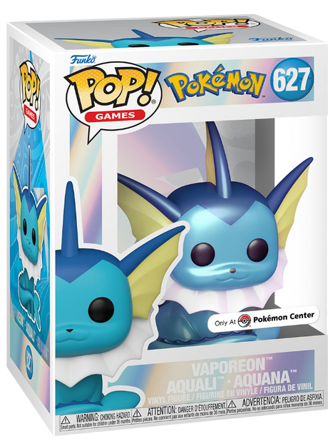 Funko Pop! Vaporeon Pearlescent figure from Pokémon Games, a Pokémon Center exclusive with detailed design and shiny finish.