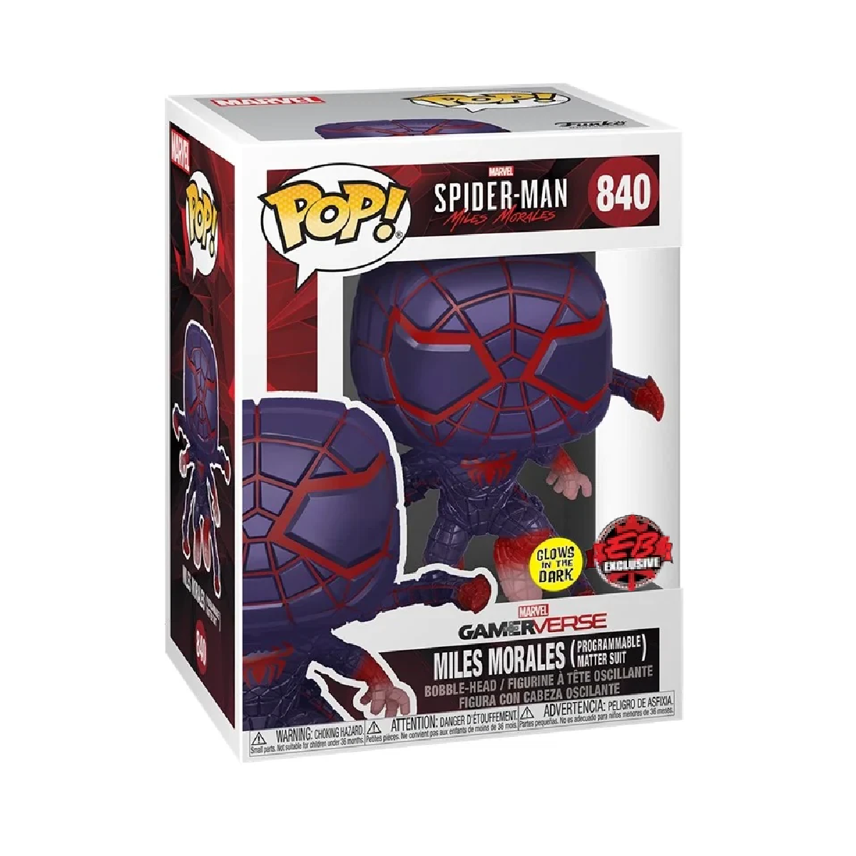 Funko Pop! Games: Spider-Man Miles Morales figure in Programmable Matter Suit with glow effect, exclusive to EB Games Canada.