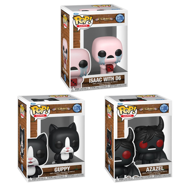 Three Funko Pop! figures from The Binding of Isaac Rebirth bundle, featuring characters from the game in collectible vinyl form.