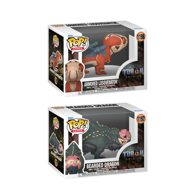 Two Funko Pop! figures from the Turok Origins bundle featuring Turok characters, collectible vinyl figures from Shak's Pop Shop.