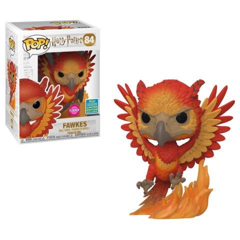 Funko Pop! Harry Potter Fawkes flocked figure from 2019 Summer Convention, a collectible toy with detailed Harry Potter character design.
