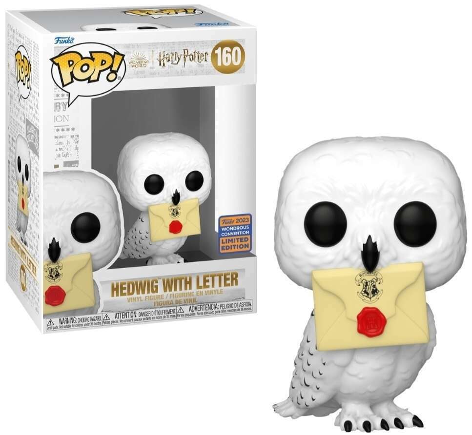 Funko Pop! Harry Potter Hedwig with letter figure, 2023 WonderCon shared exclusive, collectible owl from Shak's Pop Shop.