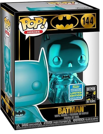 Funko Pop! Heroes Batman Teal Chrome figure, 2020 Summer Convention shared exclusive, collectible Batman vinyl figure.