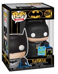 Funko Pop! Heroes Batman with SDCC bag figure, 2019 Summer Convention shared exclusive, collectible Batman vinyl toy.