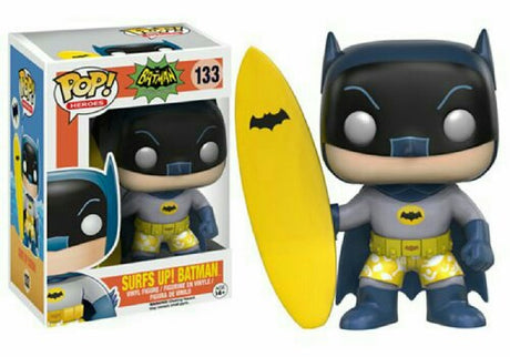 Funko Pop! Heroes Batman Classic TV Series Surf's Up! Batman figure with box imperfection, collectible toy from Shak's Pop Shop.
