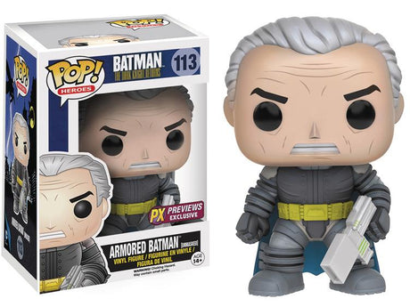 Funko Pop! Heroes: Armored Batman unmasked figure from The Dark Knight Returns series, featuring detailed Batman design.