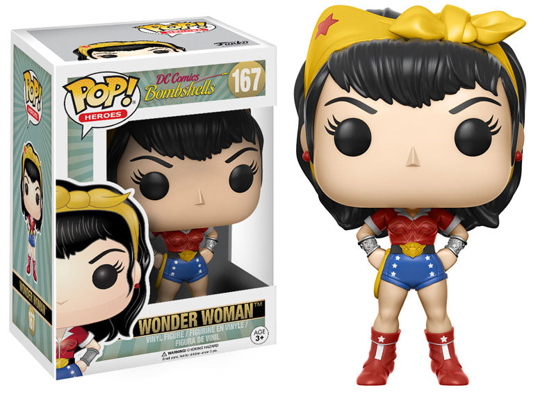 Funko Pop! Heroes DC Bombshells Wonder Woman figure with box imperfection, featuring her iconic costume and accessories.