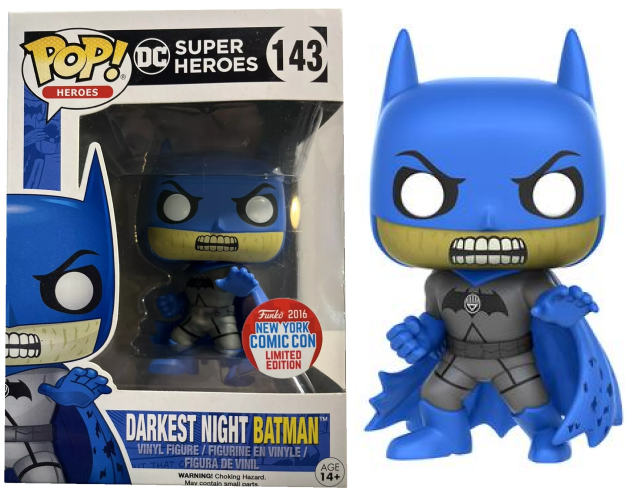 Funko Pop! Heroes DC Super Heroes Darkest Night Batman figure with box imperfection, 2016 NYCC Convention Exclusive, collectible toy.