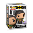 Funko Pop! Heroes Talia Al Ghul figure with SDCC 2023 con sticker, collectible toy from Shak's Pop Shop, detailed character design.