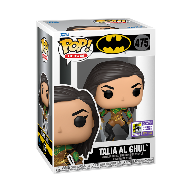 Funko Pop! Heroes Talia Al Ghul figure with SDCC 2023 con sticker, collectible toy from Shak's Pop Shop, detailed character design.