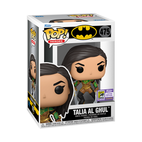 Funko Pop! Heroes Talia Al Ghul figure with SDCC 2023 con sticker, collectible toy from Shak's Pop Shop, detailed character design.