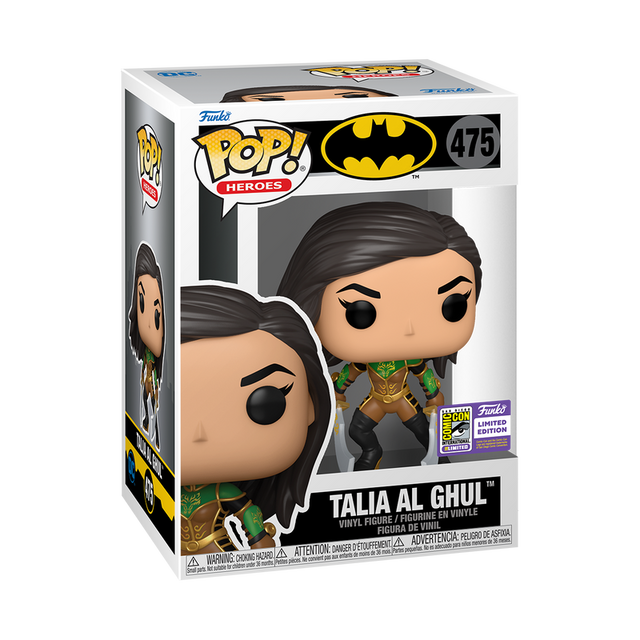 Funko Pop! Heroes Talia Al Ghul figure with SDCC 2023 con sticker, collectible toy from Shak's Pop Shop, detailed character design.